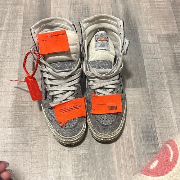 Off-White Glitter Gray Sneakers with Vibrant Orange Tags - Picture 1 of 9